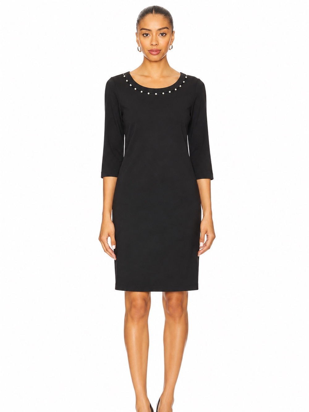 Massimo Dutti Black Mini Dress with Pearl-Trim Neckline